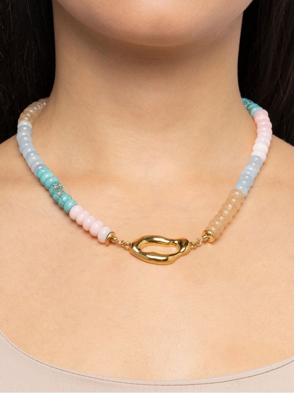 Gold Link Multicolor Beaded Necklace — Pink, Blue, Turquoise, Yellow stones